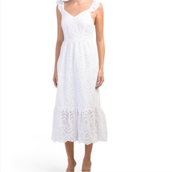 Sincerly Jules Dresses & Skirts - Sincerely Jules White Ruffle Sleeve Crochet Boho Ruched Midi Dress Small